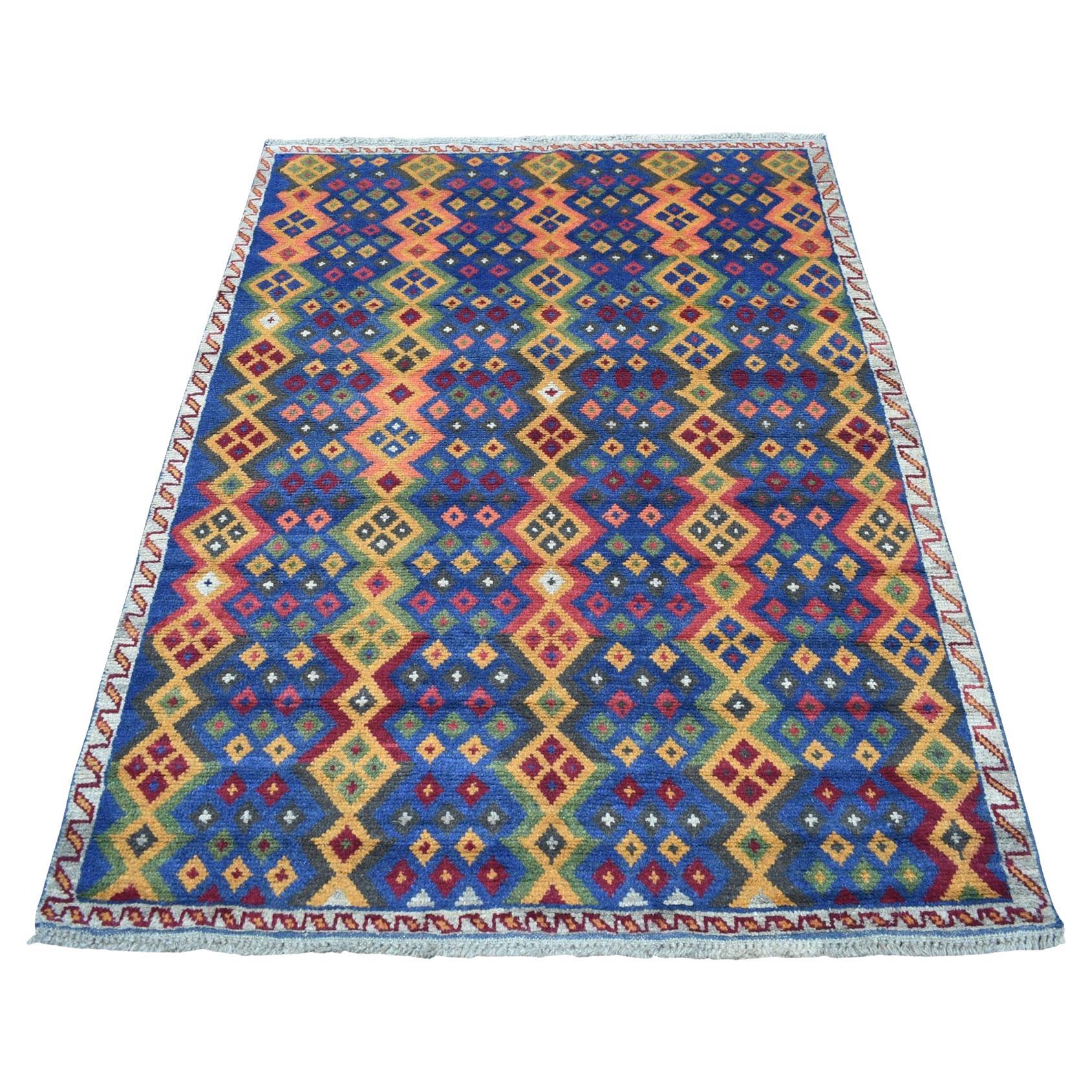 4'1"x5'8" Blue Colorful Afghan Baluch Geometric Design Hand Knotted Wool Rug
