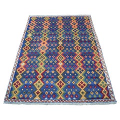 4'1"x5'8" Blue Colorful Afghan Baluch Geometric Design Hand Knotted Wool Rug