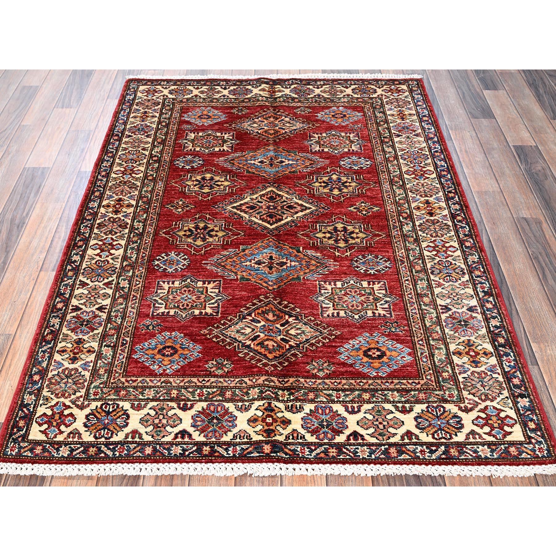 Crimson Red, Afghan Super Kazak with Geometric Medallions Design, Pure Wool, Hand Knotted, Vegetable Dyes, Oriental Rug
Primary materials: Wool
Latex: No Pile 
height: 0.25 Inches
Style: Traditional
Primary color: Red
Secondary colors: Orange,