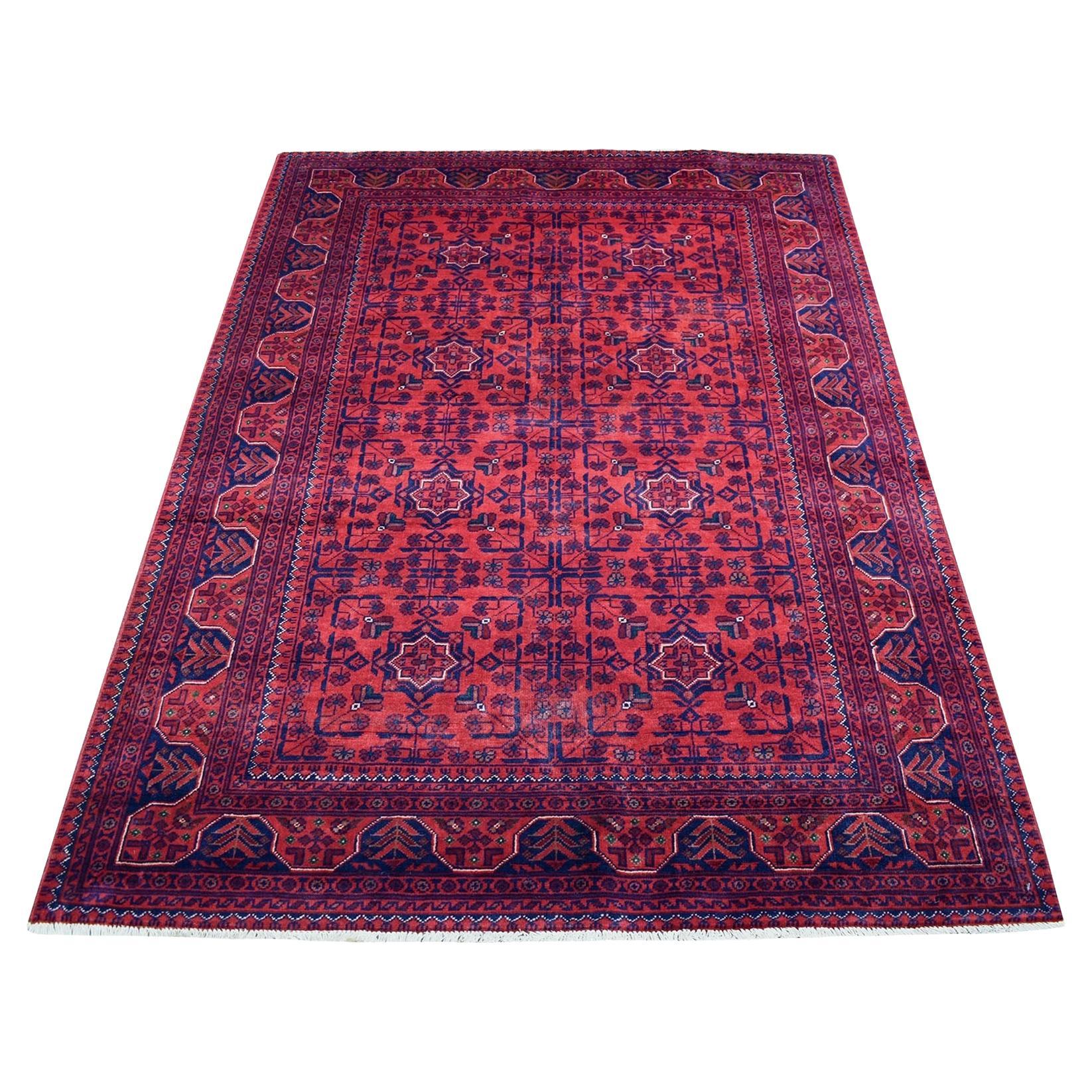 4'1"x5'9" Afghan Khamyab Pure Wool Hand Knotted Deep and Saturated Red Rug
