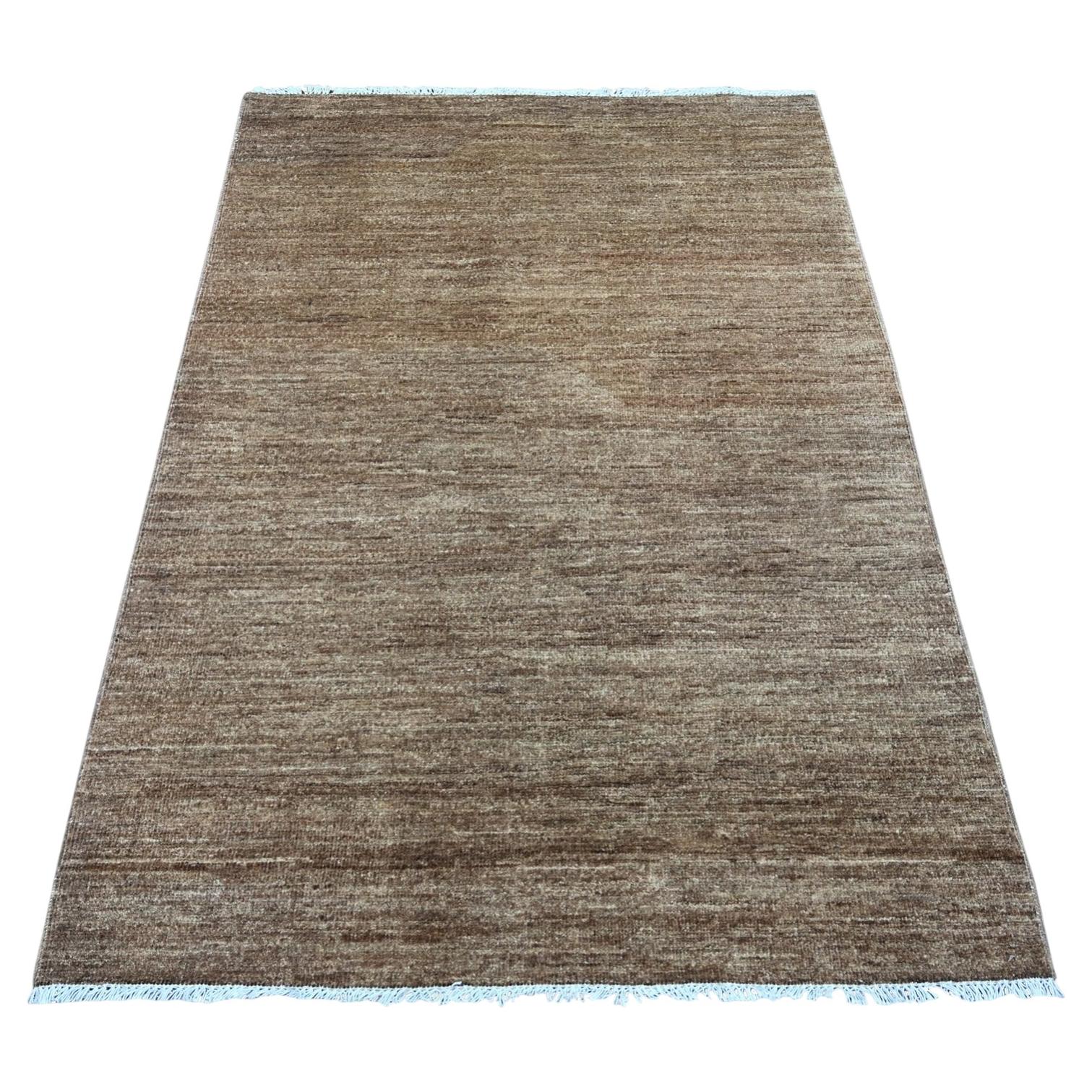 4'1"x5'9" Brown Hand Knotted Plain Solid Pattern Hand Spun Ghazni Wool Rug