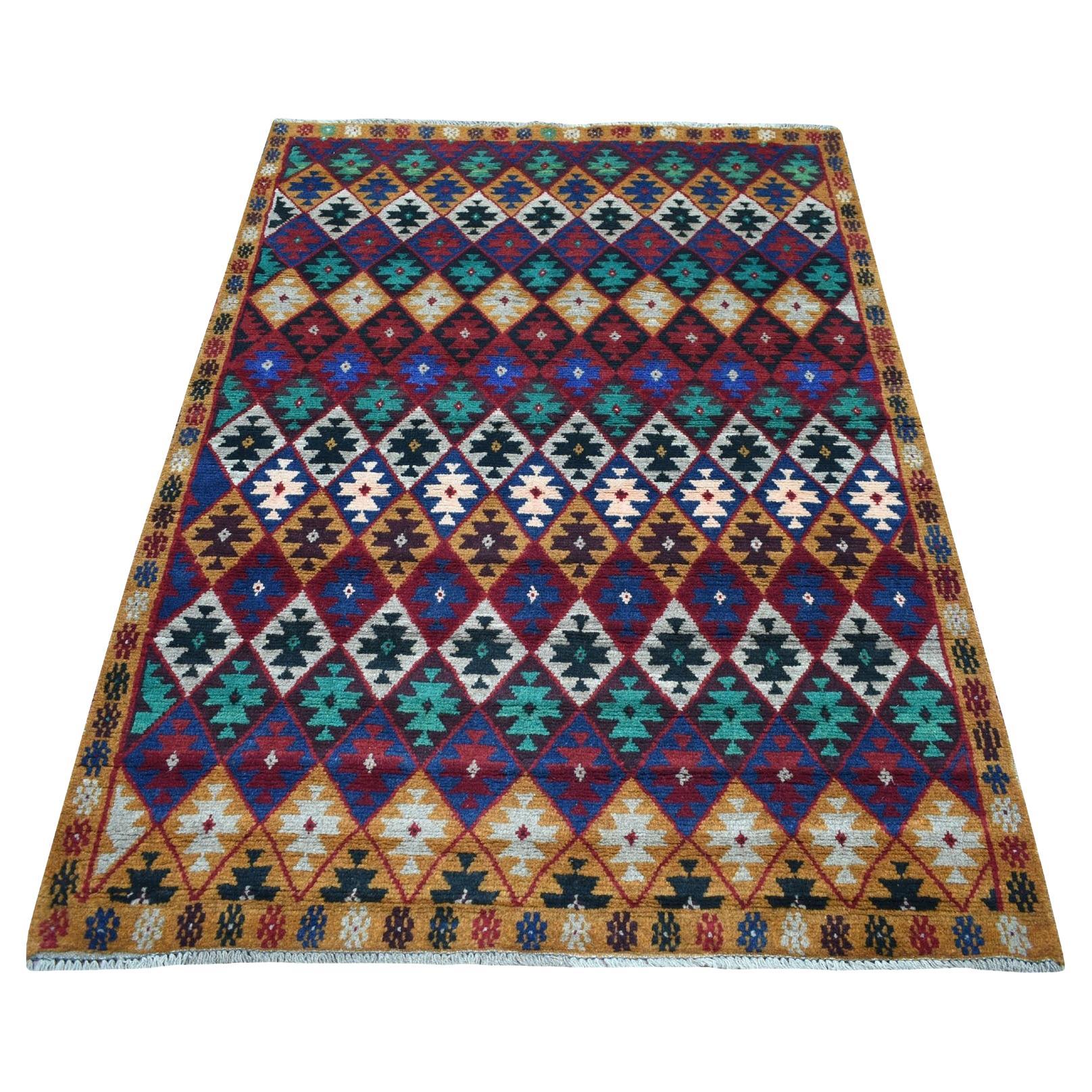 4'1"x5'9" Brown Tribal Design Colorful Afghan Baluch Hand Knotted Pure Wool Rug