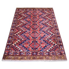 4'1"x5'9" Coral Red Afghan Ersari with Triangle Design Wool Hand Knotted Rug