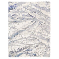 4'1"x5'9" Ivory with a Mix of Blue Wool & Silk Hand Knotted Abstract Design Rug