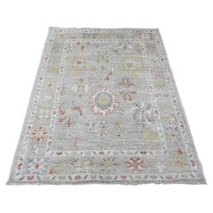 4
1 "x5
9" Stone Gray Tappeto afgano annodato a mano in angora Oushak con design a foglia in pura lana