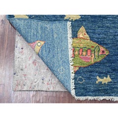 4'1"x6' Blue Afghan Peshawar Oceanic Fish Design Soft Wool Hand Knotted Rug