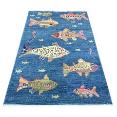 4'1"x6' Blue Afghan Peshawar Oceanic Fish Design Soft Wool Hand Knotted Rug