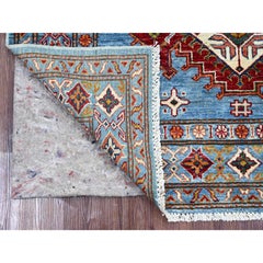 4'1"x6' Blue Afghan Super Kazak Geometric Medallions Hand Knotted Wool Rug