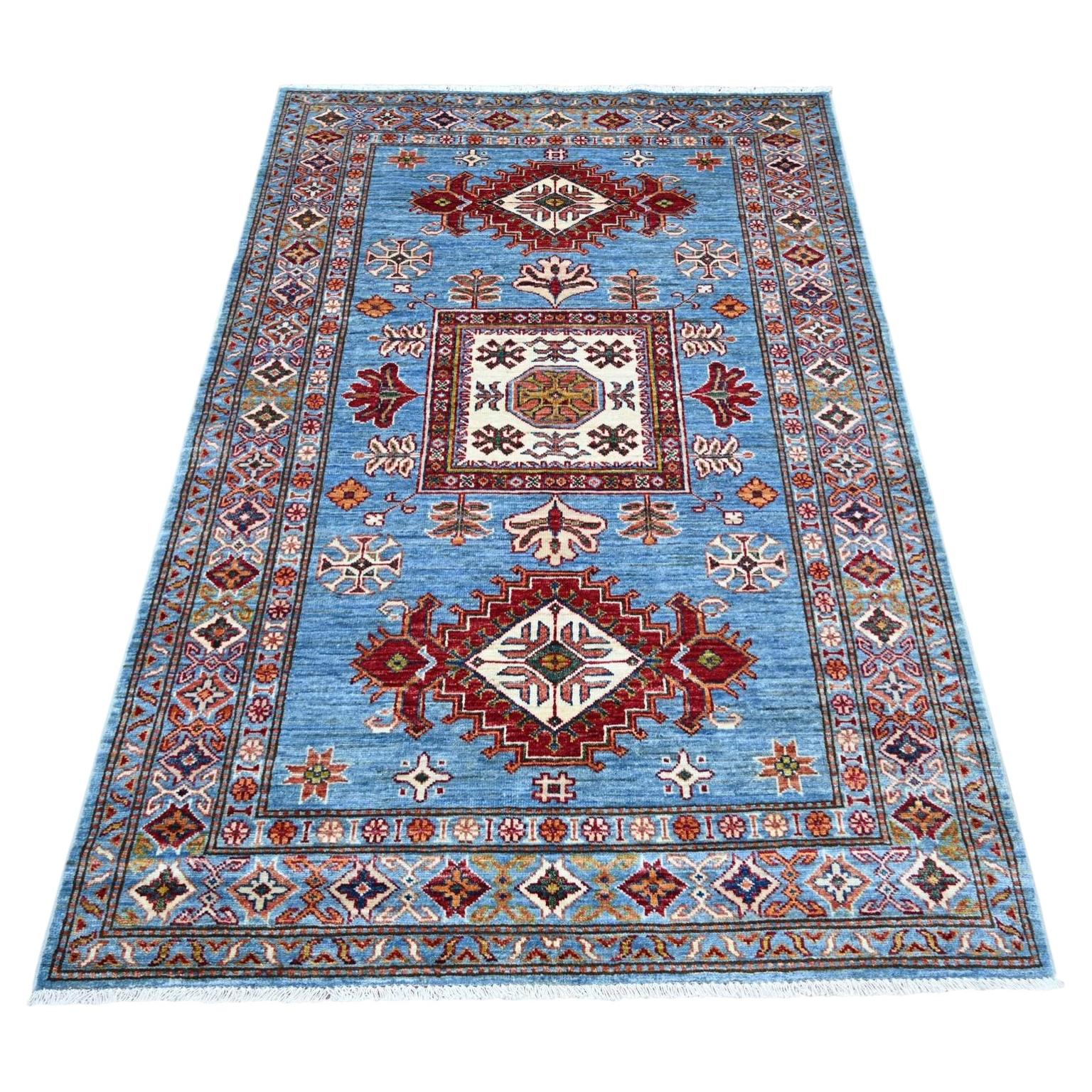 4'1"x6' Blue Afghan Super Kazak Geometric Medallions Hand Knotted Wool Rug