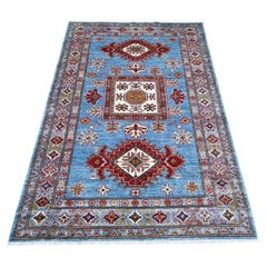 4'1"x6' Blue Afghan Super Kazak Geometric Medallions Hand Knotted Wool Rug