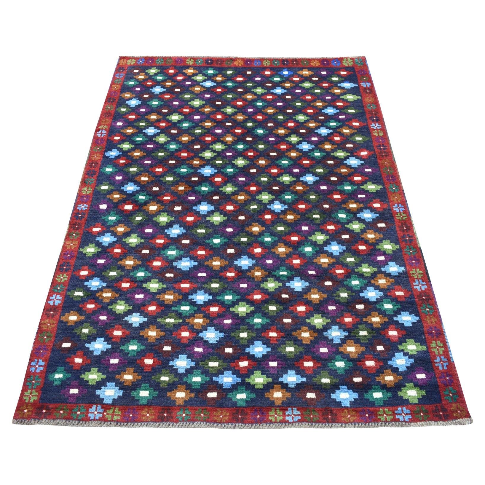 4'1 "x6' Blu All Over Design Colorful Afghan Baluch Pure Wool Hand Knotted Rugs in vendita