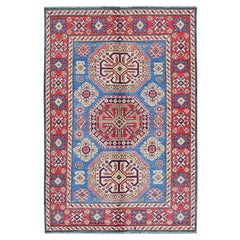 4
1 "x6
Blauer Kazak mit geometrischen Medaillons Design Handgeknüpfter weicher Wollteppich