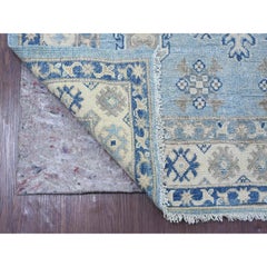 4'1 "x6' Tapis noué à la main en laine Kazak avec éléments géométriques, bleu, aspect vintage
