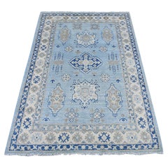 4'1"x6' Blue Vintage Look Kazak with Geometric Elements Wool Hand Knotted Rug