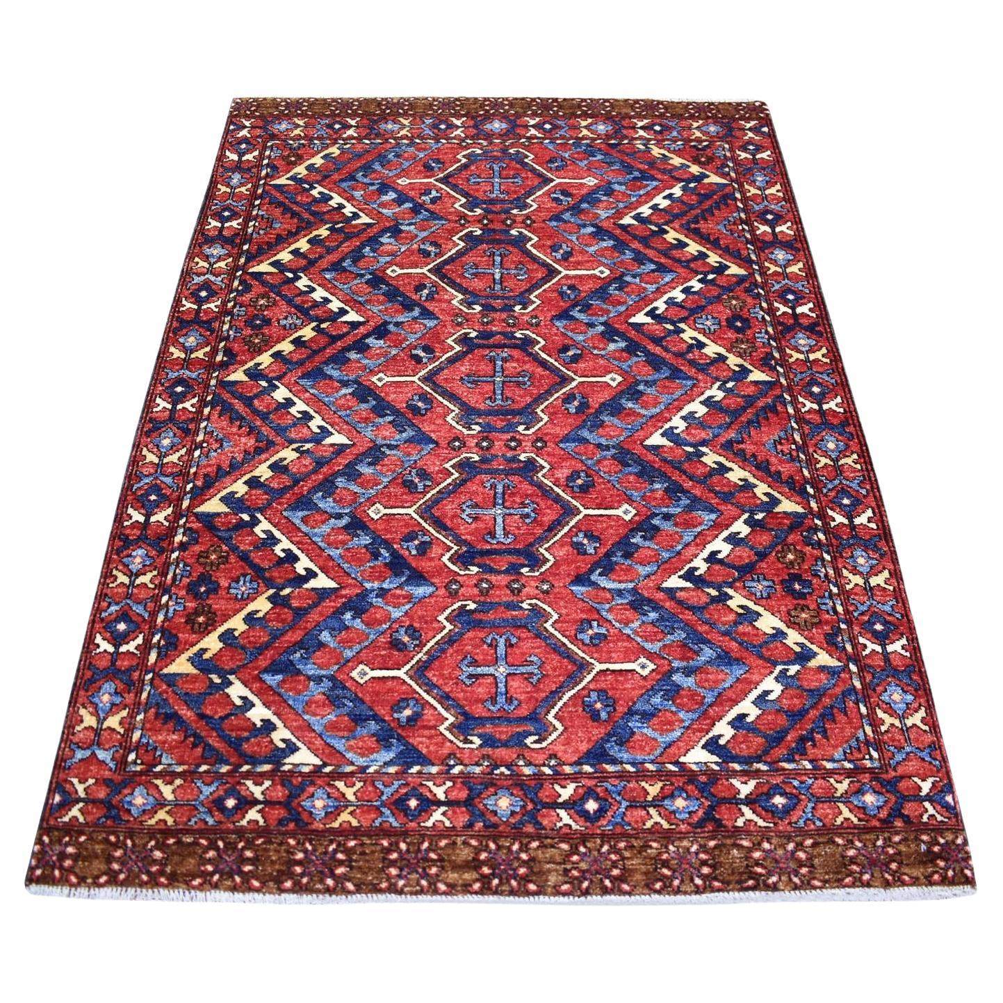 4'1"x6' Brick Red Geometric Afghan Ersari Hand Knotted Pure Wool Oriental Rug