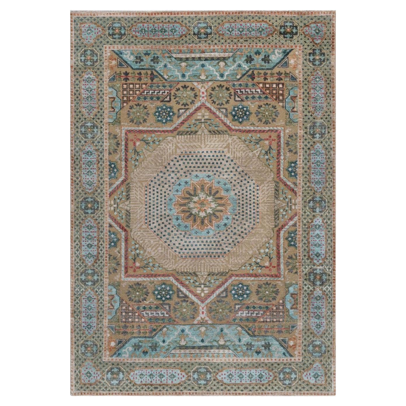 4'1"x6' Brown Mamluk Design with Star Medallion Hand Knotted Wool and Silk Rug