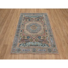 4'1"x6' Brown Wool and Silk Mamluk Design with Star Medallion Hand Knotted Rug
