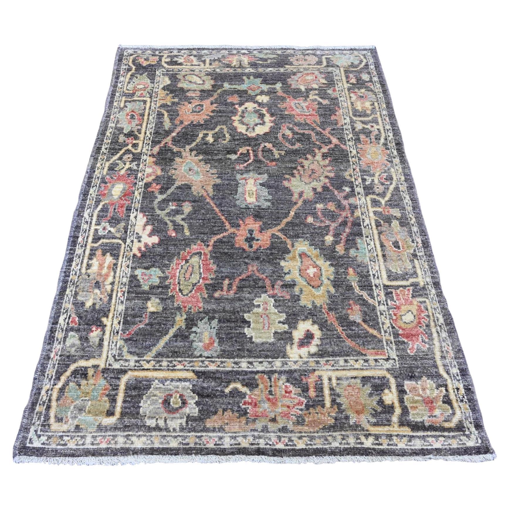 4'1"x6' Dim Gray Hand Knotted Afghan Angora Oushak Leaf Pattern Wool Rug