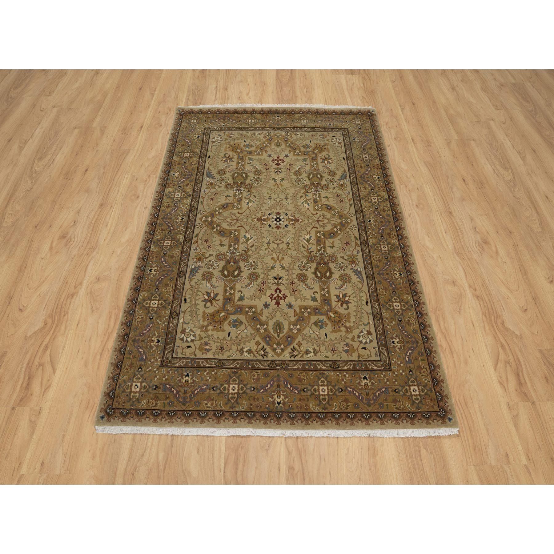 Ecru Brown, Tabriz Revival, 300 KPSI, Hand Spun New Zealand Wool and Silk, Denser Weave, Hand Knotted, Thick and Plush, Oriental Rug
Primary materials: Wool & Silk
Latex: No Pile 
height: 0.25 Inches
Style: Traditional
Primary color: Brown
Secondary