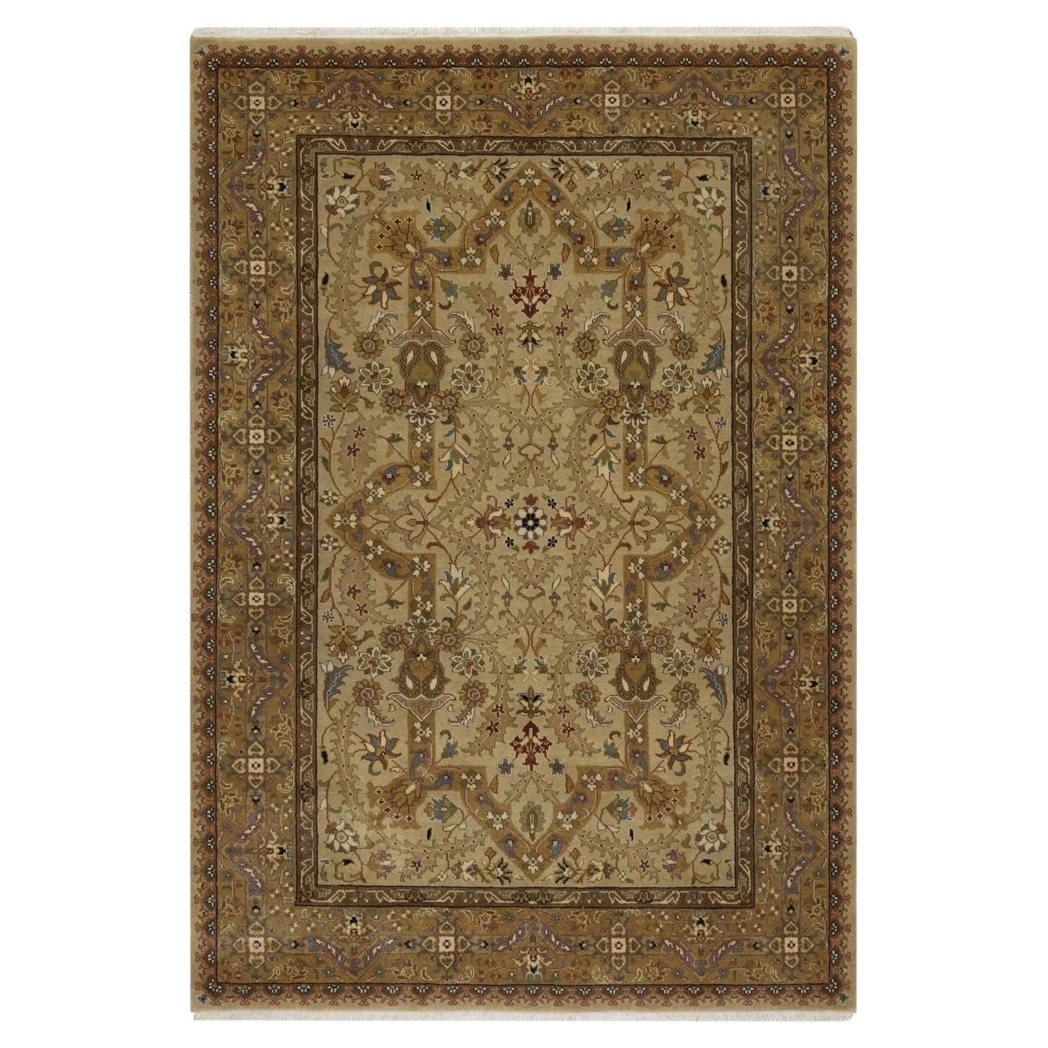 4'1"x6' Ecru Brown Tabriz Revival 300 KPSI New Zealand Wool Hand Knotted Rug For Sale