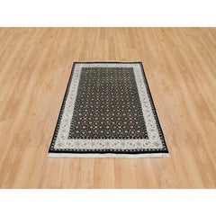 4'1"x6' Eerie Black Hand Knotted Herati Design 250 KPSI 100% Wool Rug
