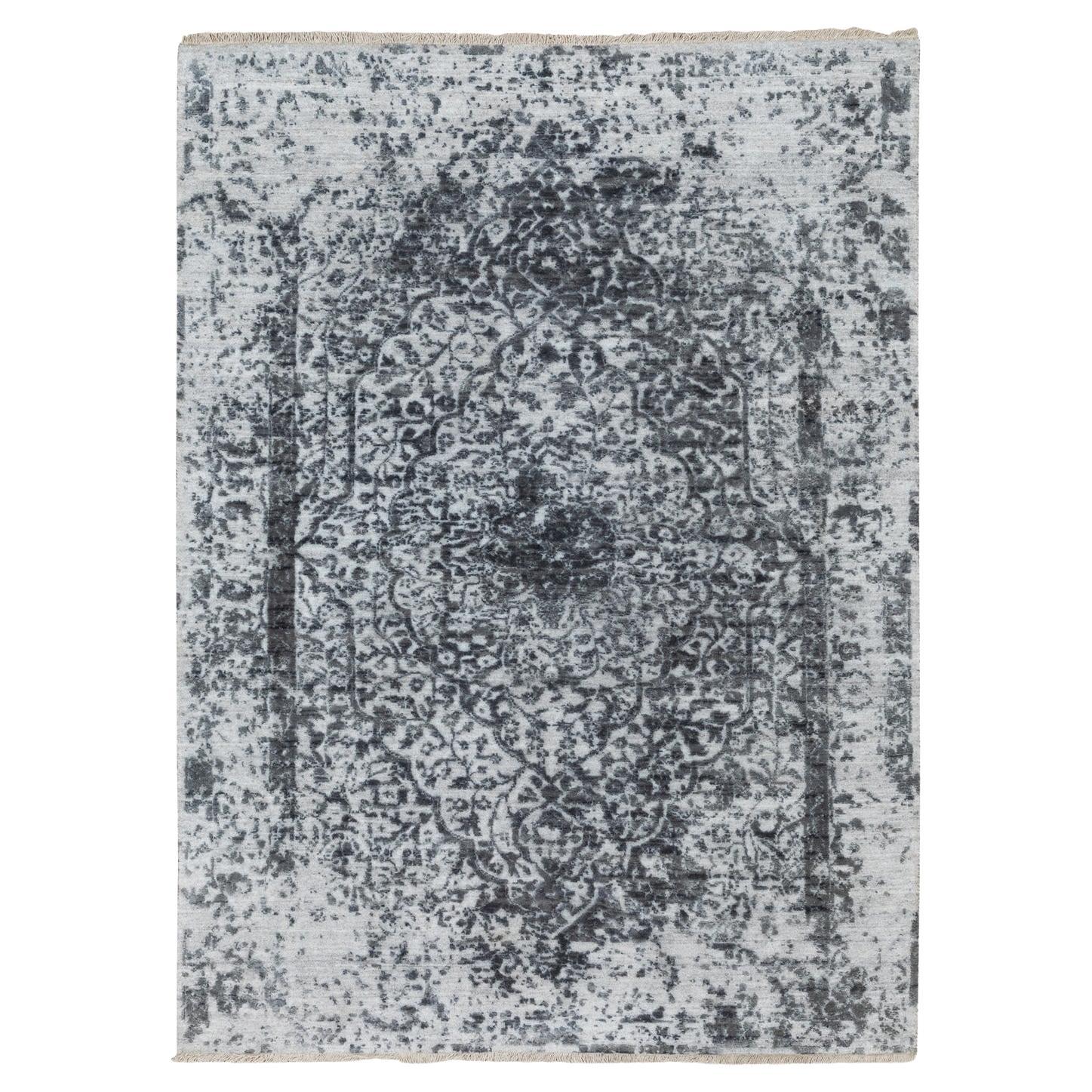 Alfombra Oriental Anudada a Mano de Lana y Seda Pura con Diseño Persa Borrada Gris de 4'1 "x6'