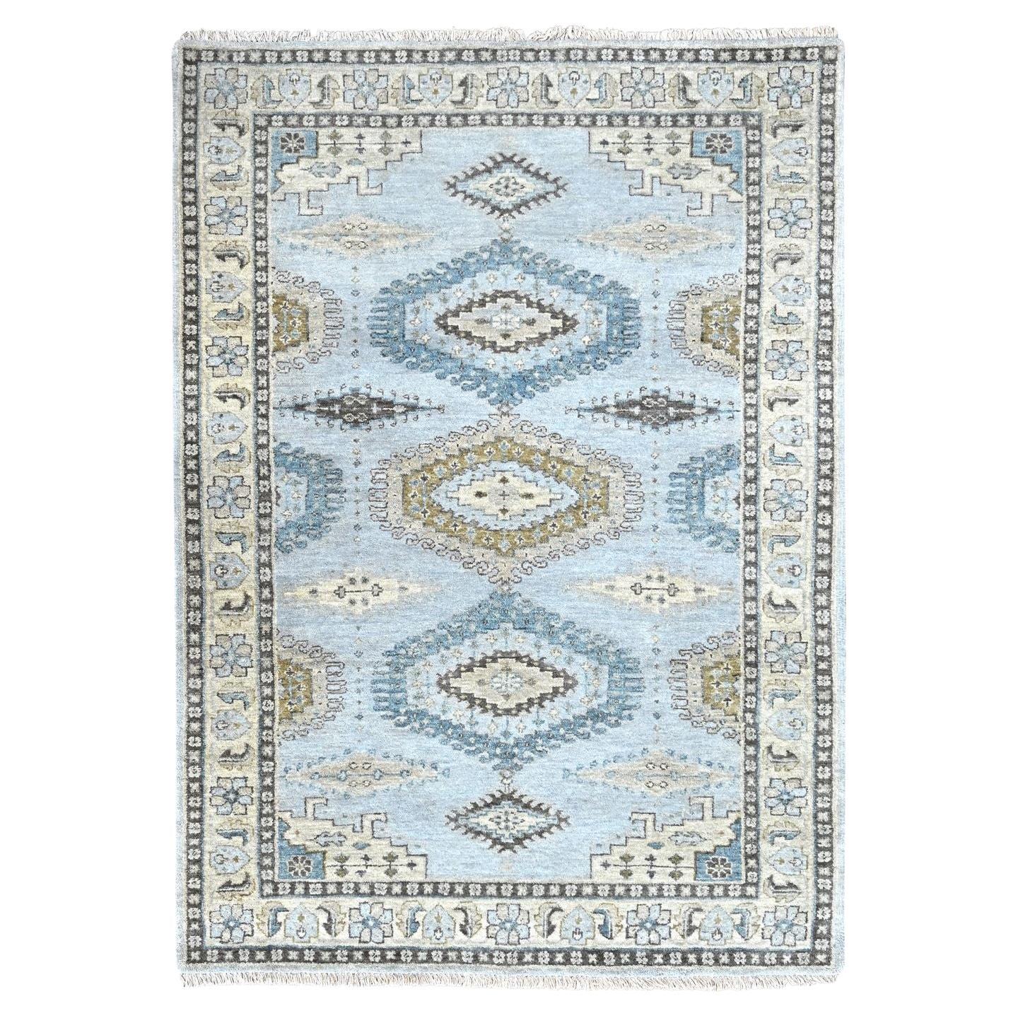4'1"x6' Gray Persian Village Inspired Geometric Design Hand Knotted Wool Rug