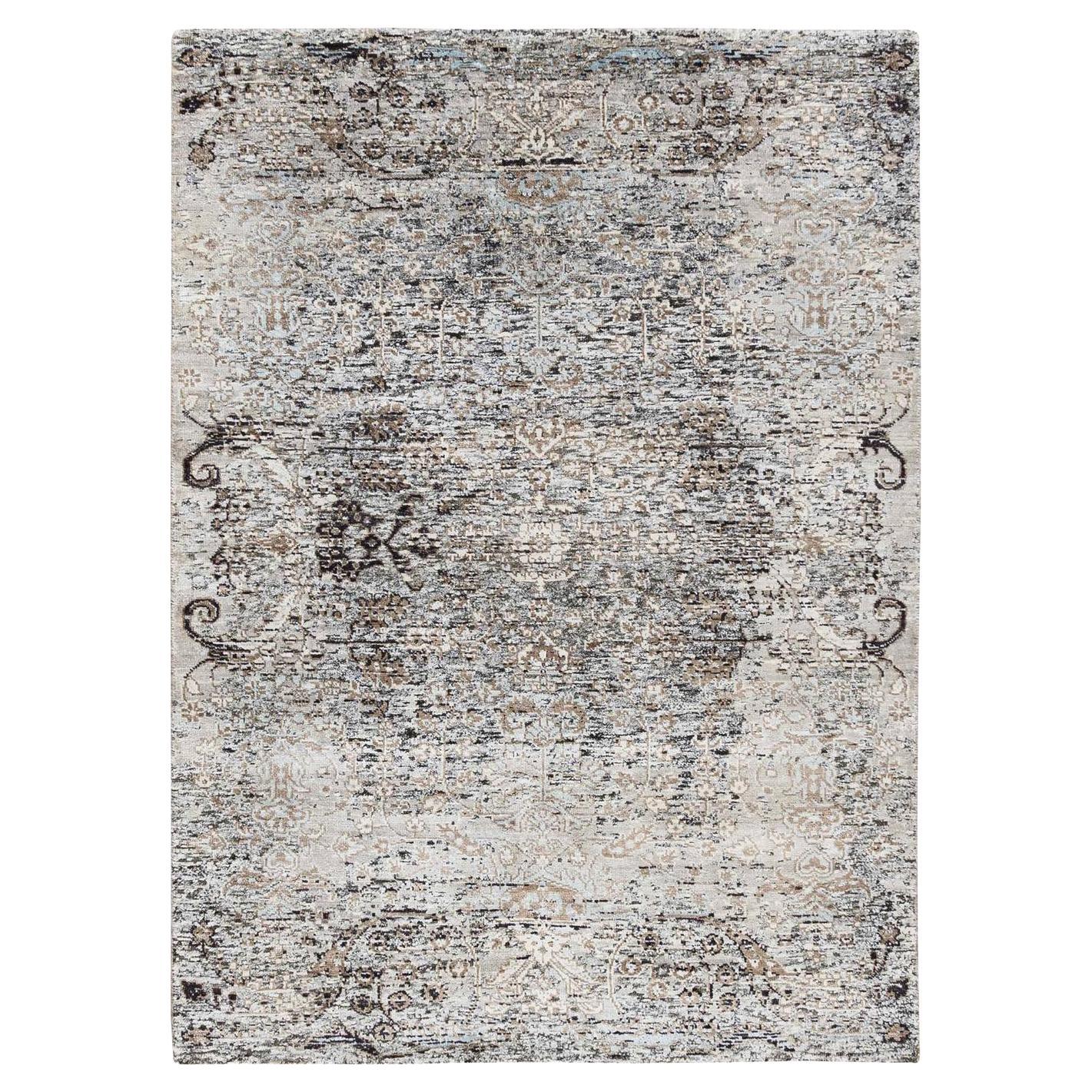 4'1 "x6' Grauer Transitional Design Seide mit strukturierter Wolle Handgeknüpfter Teppich
