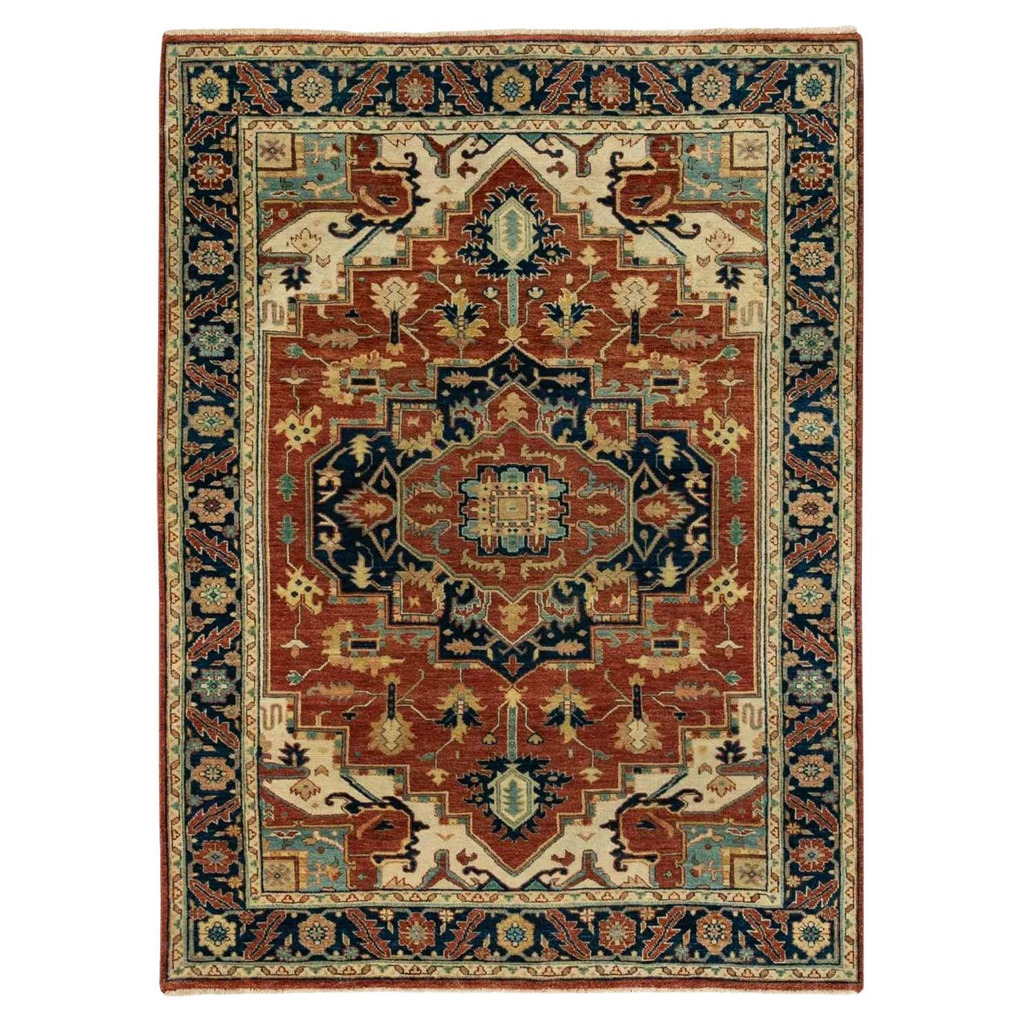 4'1"x6' Hand Knotted Red Antiqued Heriz Re-Creation Geometric Design Wool Rug