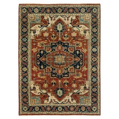 4'1"x6' Hand Knotted Red Antiqued Heriz Re-Creation Geometric Design Wool Rug
