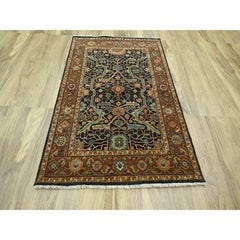 4'1"x6' Navy Blue Heriz All Over Design Soft Pile Hand Knotted Pure Wool Rug