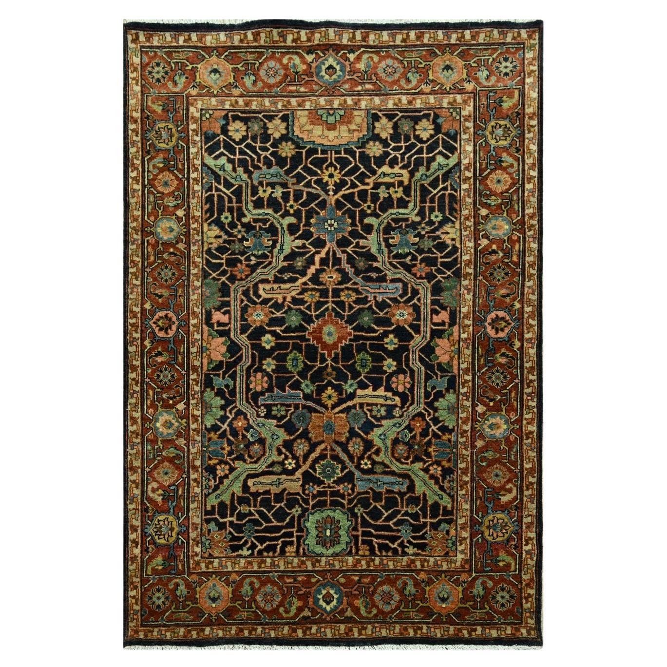 4'1"x6' Navy Blue Heriz All Over Design Soft Pile Hand Knotted Pure Wool Rug
