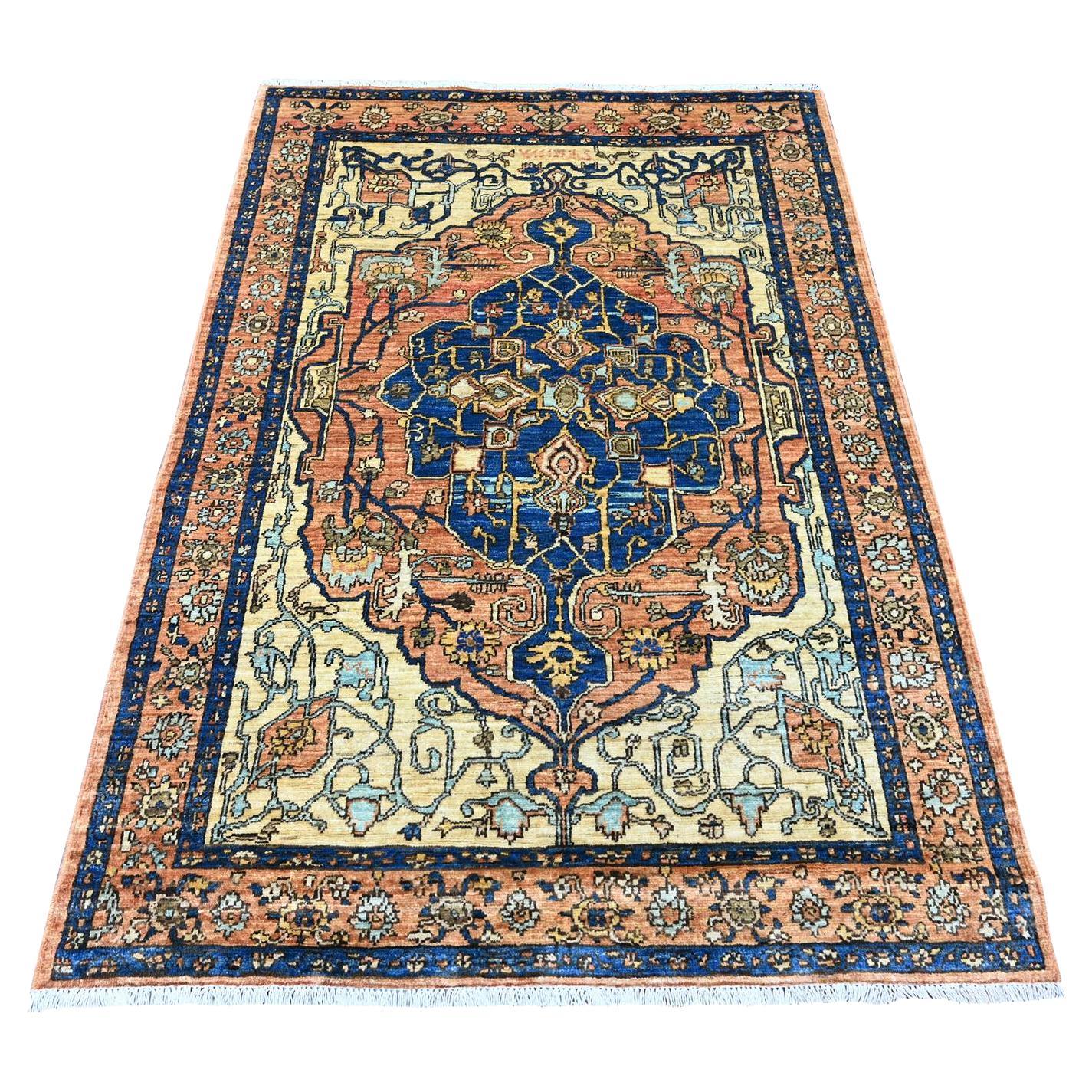 4'1"x6' Orange Peshawar with Fereghan Sarouk Design Hand Knotted Pure Wool Rug For Sale