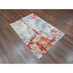 4'1"x6' Orange with Gray Abstract Design Hand Knotted Wool & Silk Oriental Rug