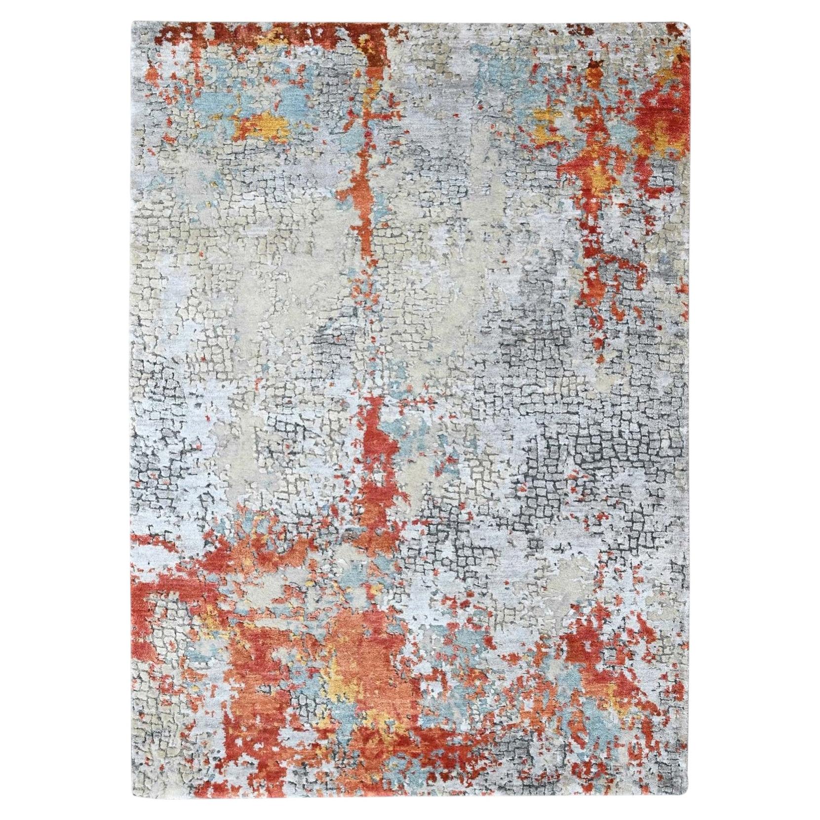 4'1"x6' Orange with Gray Abstract Design Hand Knotted Wool & Silk Oriental Rug For Sale