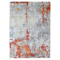 4'1"x6' Orange with Gray Abstract Design Hand Knotted Wool & Silk Oriental Rug