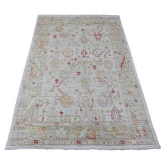 4'1"x6' Oyster Gray Afghan Angora Oushak Leaf Design Hand Knotted All Wool Rug