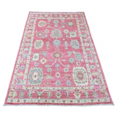 4'1 "x6' Punch Pink Afghan Angora Oushak Leaf Design/One Tappeto annodato a mano in pura lana