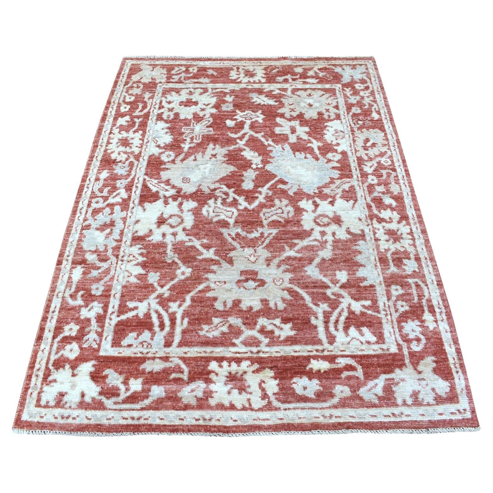 4'1 "x6' Roter Angora Oushak mit verblassten Farben Weicher Wolle Handgeknüpfter Teppich