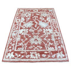 4'1"x6' Red Angora Oushak With Faded Out Colors Soft Wool Hand Knotted Rug