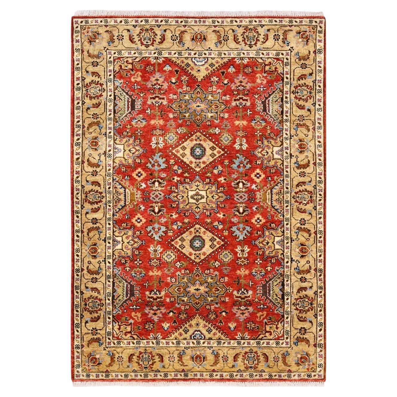 4'1"x6' Red with A Mix Of Gold Karajeh Design Organic Wool Hand Knotted Rug For Sale