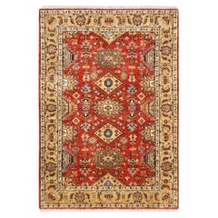 4'1"x6' Red with A Mix Of Gold Karajeh Design Organic Wool Hand Knotted Rug