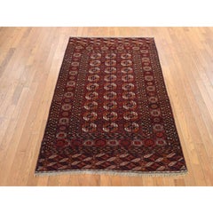 4'1"x6' Scarlet Red Antique Tekke Bokara Wool Hand Knotted Wool Oriental Rug