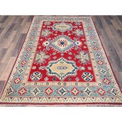 4'1"x6'1" Berry Red Kazak with Geometric Medallions Design Hand Knotted Wool Rug