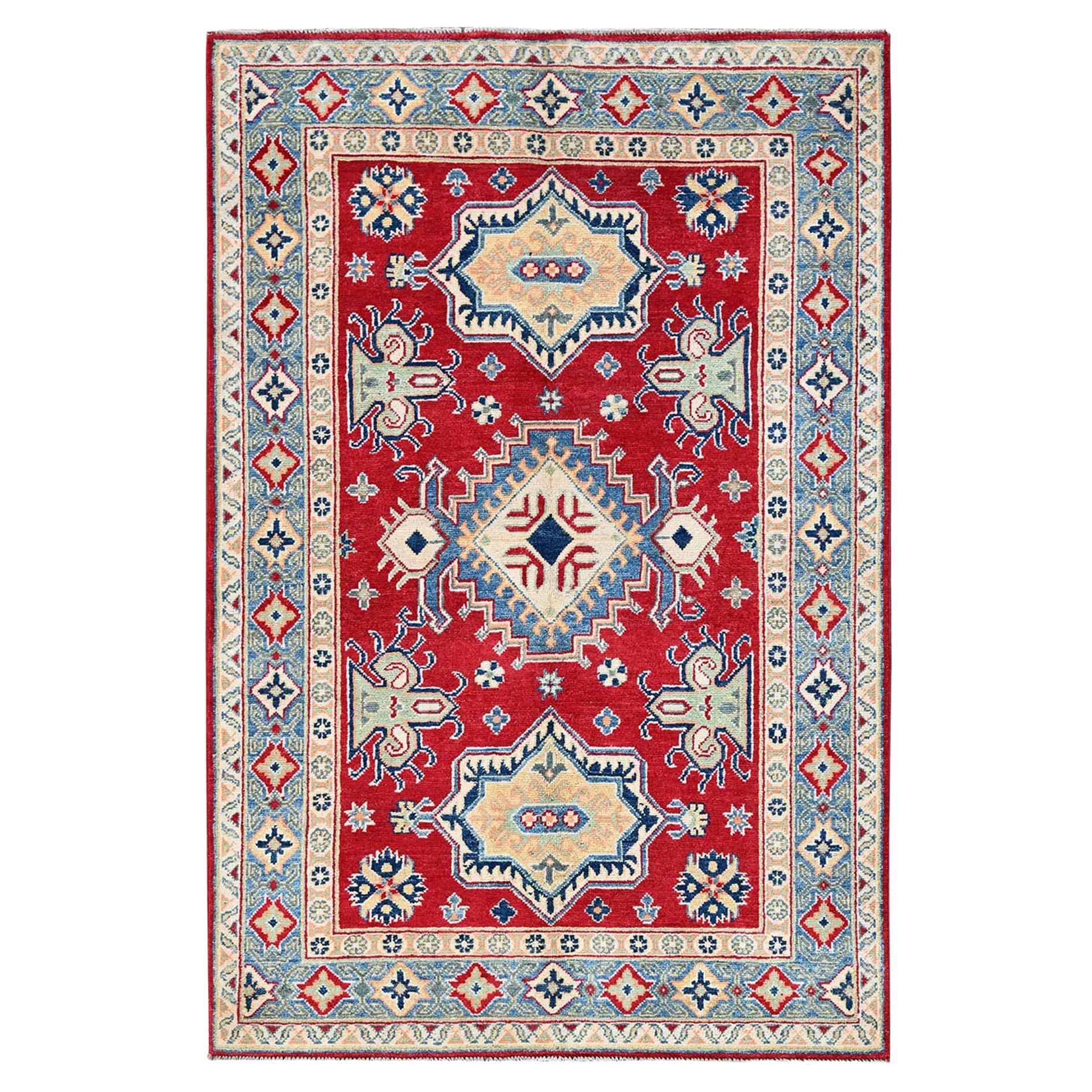 4
1"x6
1" Berry Red Kazak with Geometric Medallions Design Hand Knotted Wool Rug
