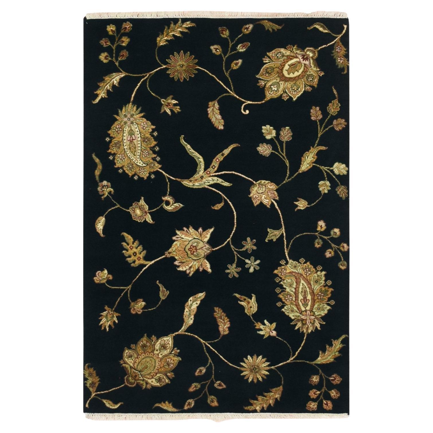 4
1 "x6
1" Caviar Black Mezza lana e mezza seta Design botanico annodato a mano Rugs