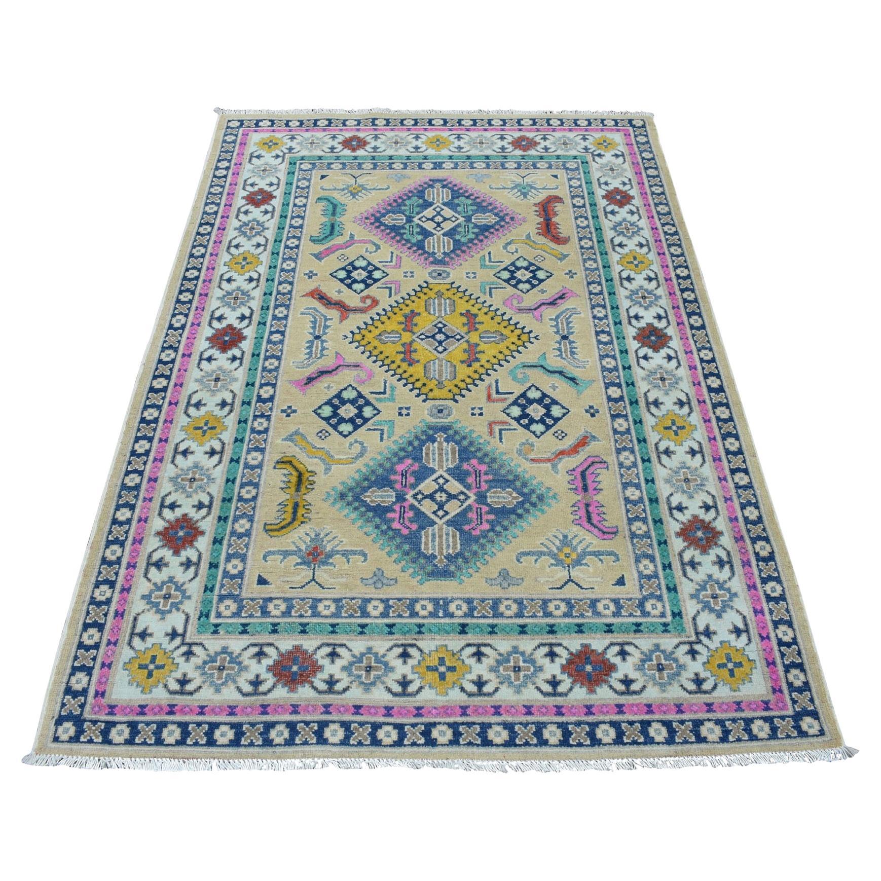 4'1"x6'1" Colorful Beige Fusion Kazak Pure Wool Hand Knotted Oriental Rug