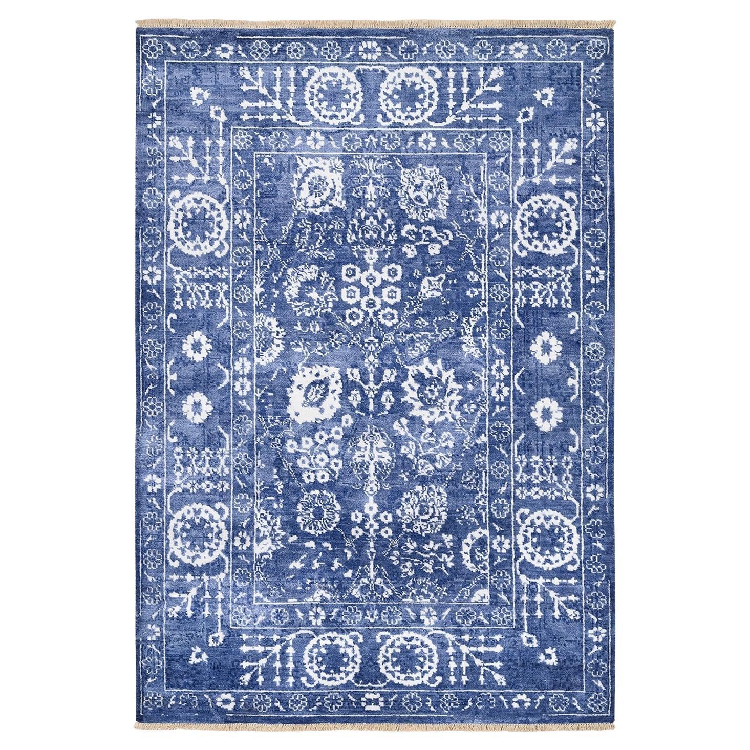 4'1 "x6'1" Denim Blue Tone On Tone Tabriz Tappeto orientale in lana e seta annodato a mano