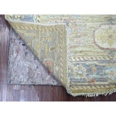 4'1"x6'1" Green Afghan Angora Oushak with Leaf Design Hand Knotted Pure Wool Rug