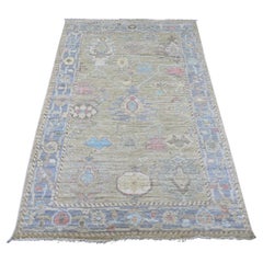 4'1"x6'1" Green Afghan Angora Oushak with Leaf Design Hand Knotted Pure Wool Rug